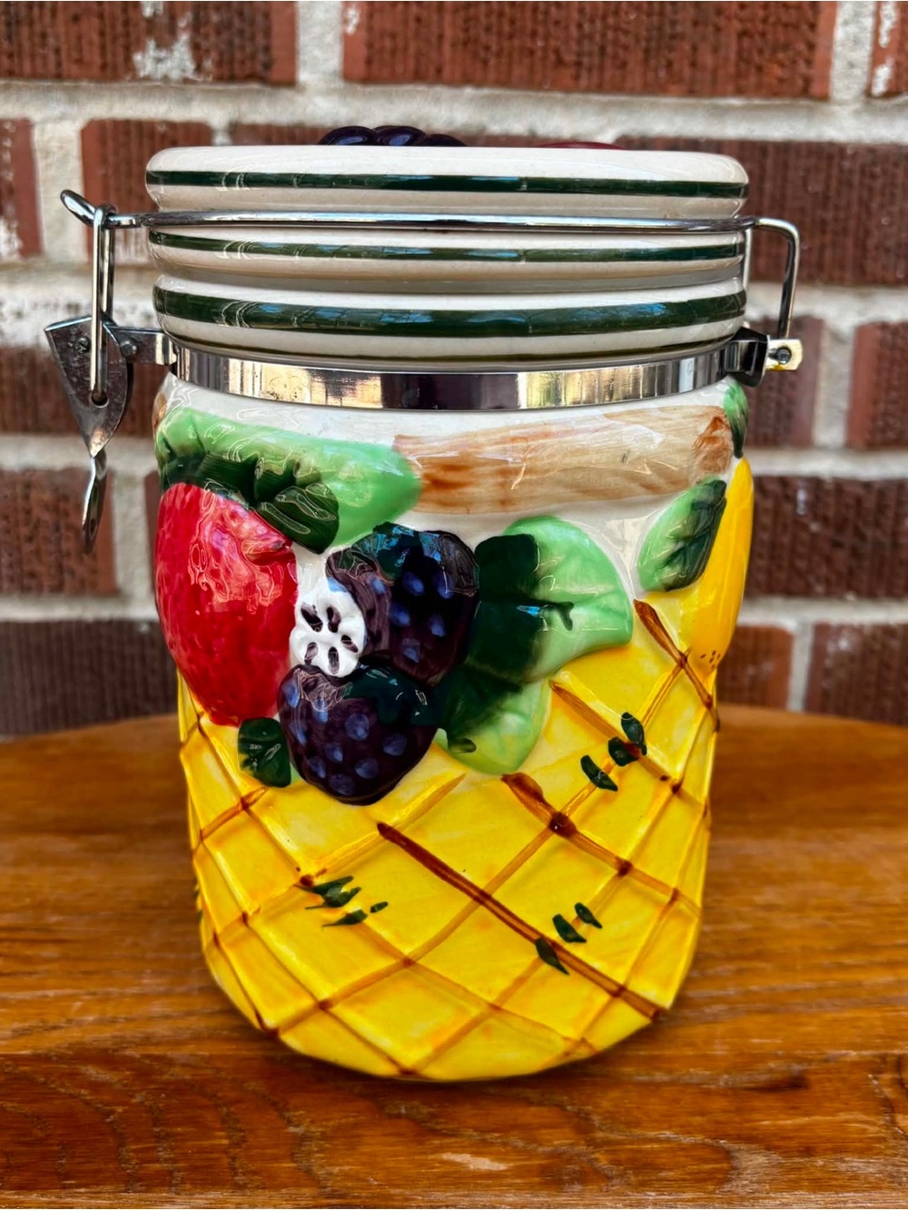 Vintage Fruit Hand painted Ceramic Canister Jar Country Cottage Decor 8 in tall